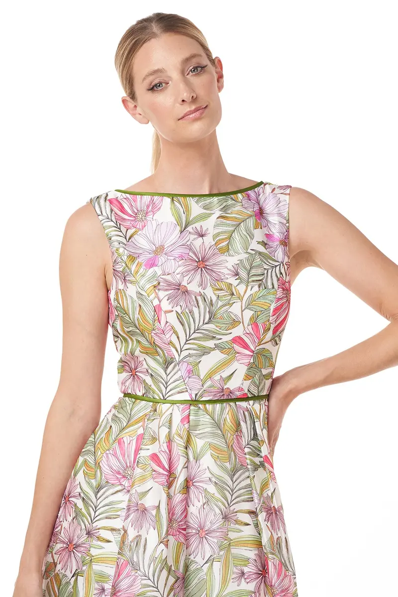 Jackie Floral Organza Midi Dress with Piping Detail