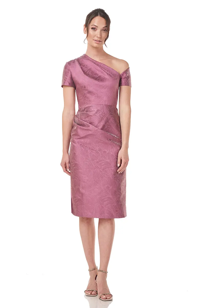 Jacquard Caitlyn Midi Dress with Asymmetrical Neckline and Pleats