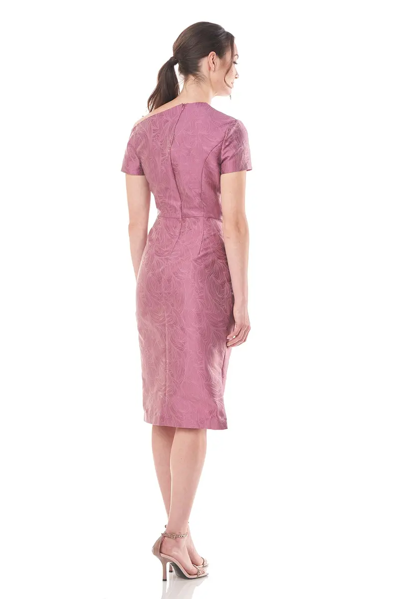 Jacquard Caitlyn Midi Dress with Asymmetrical Neckline and Pleats