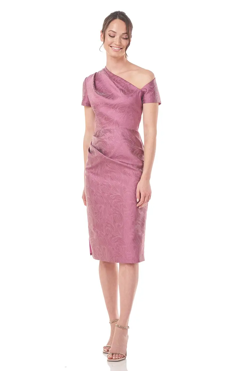 Jacquard Caitlyn Midi Dress with Asymmetrical Neckline and Pleats