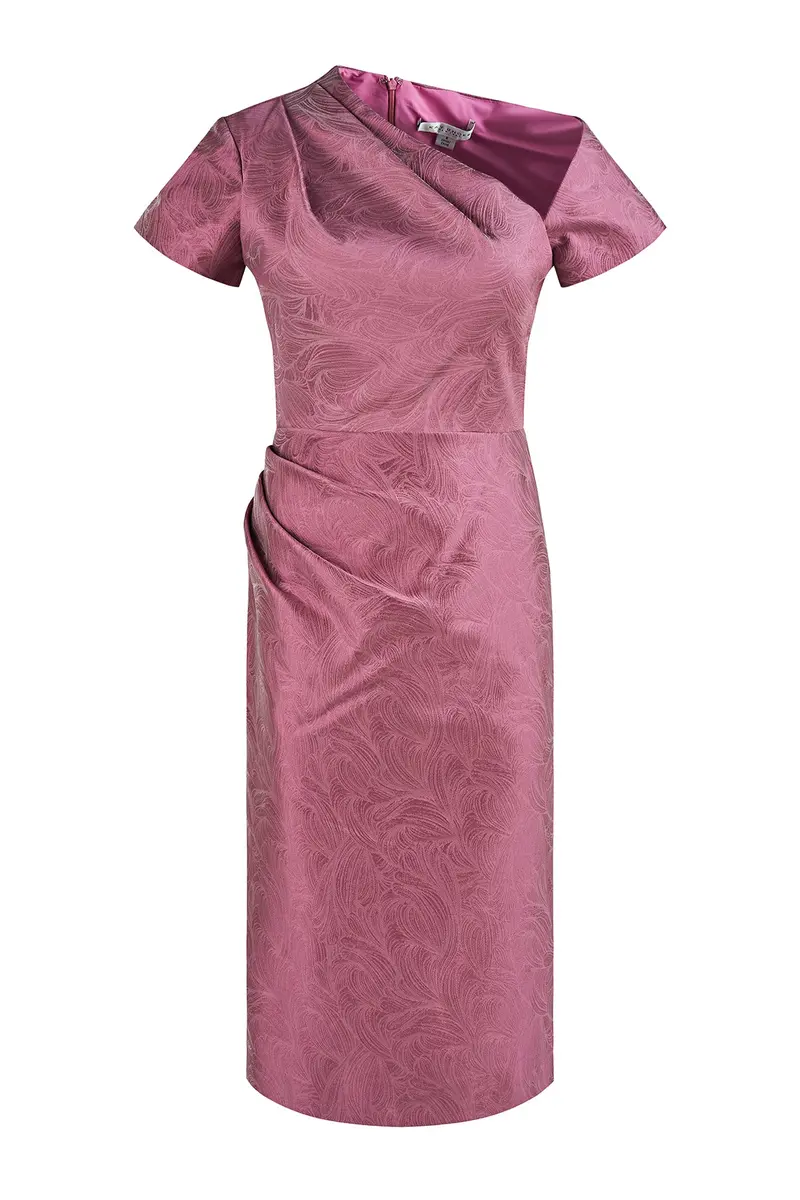 Jacquard Caitlyn Midi Dress with Asymmetrical Neckline and Pleats