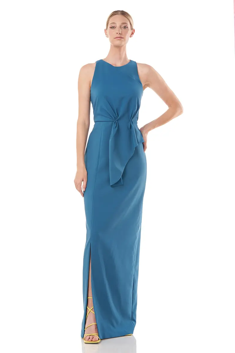Jewel-Neck Draped Column Gown with Waist Sash