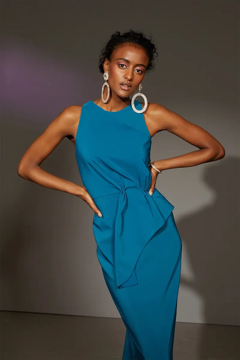 Jewel-Neck Draped Column Gown with Waist Sash