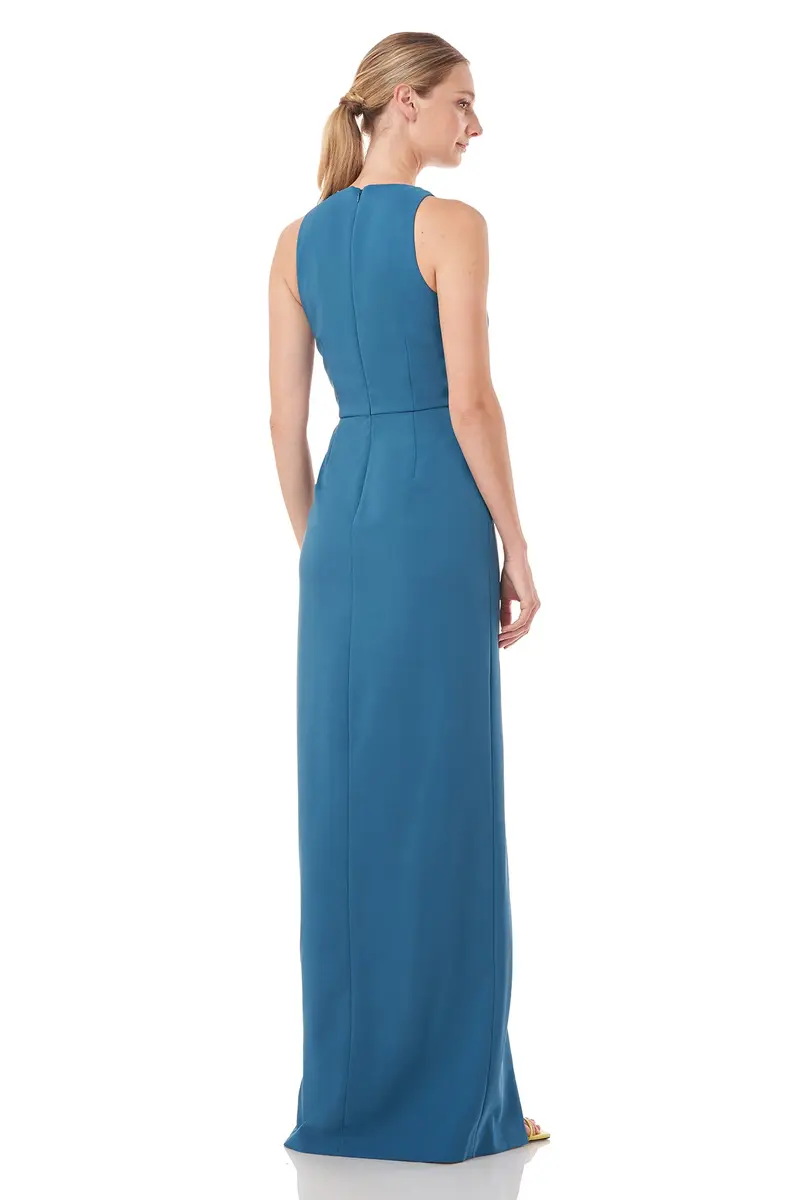 Jewel-Neck Draped Column Gown with Waist Sash