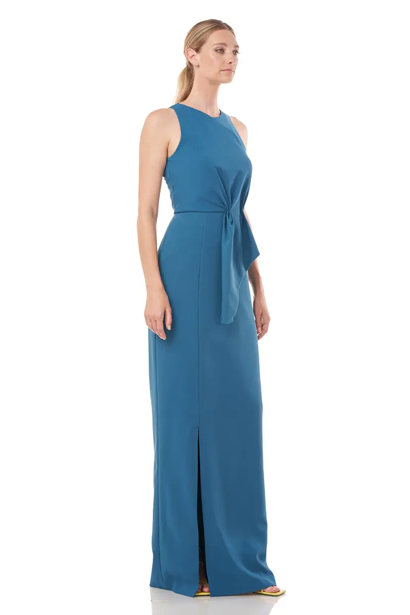 Jewel-Neck Draped Column Gown with Waist Sash