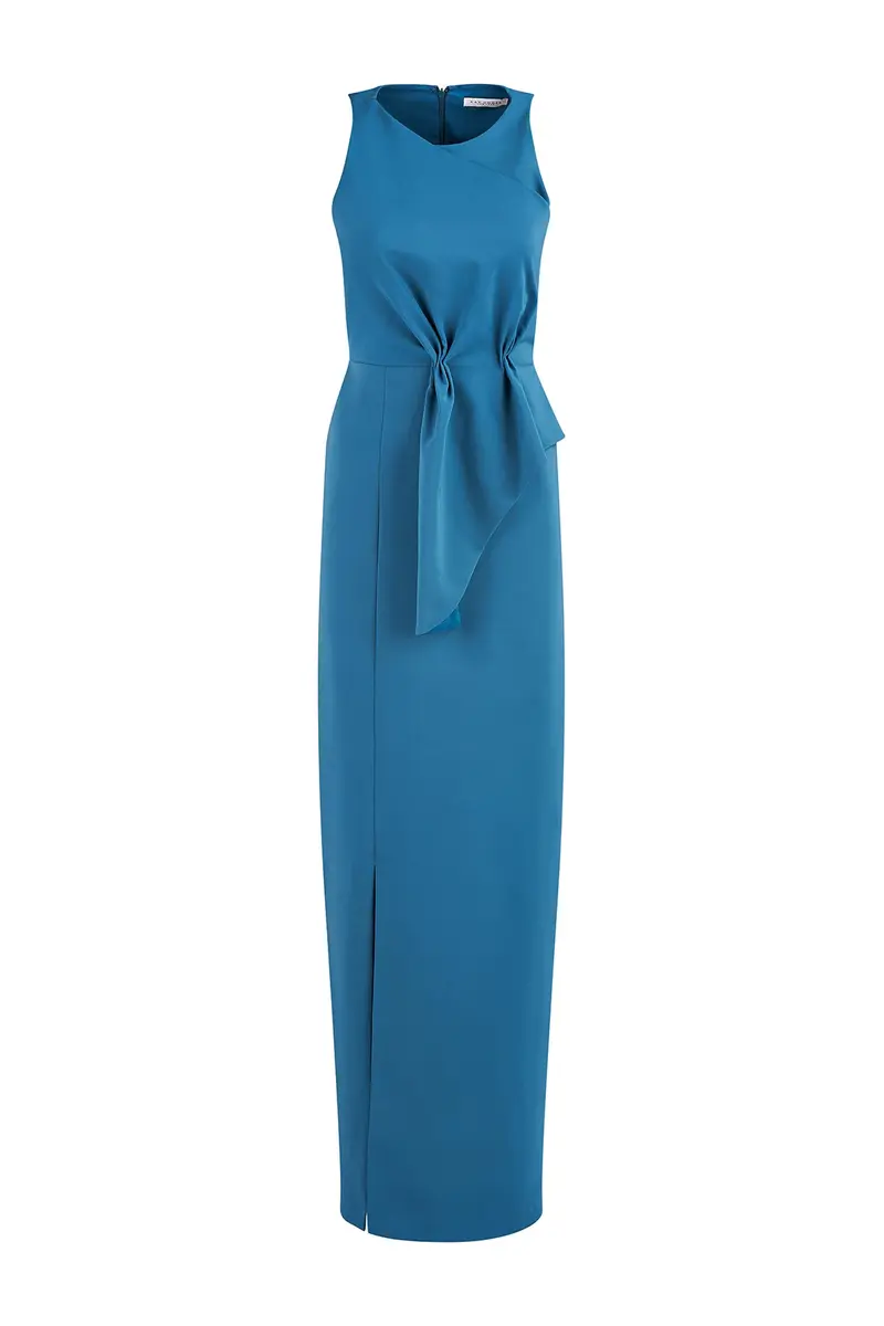 Jewel-Neck Draped Column Gown with Waist Sash