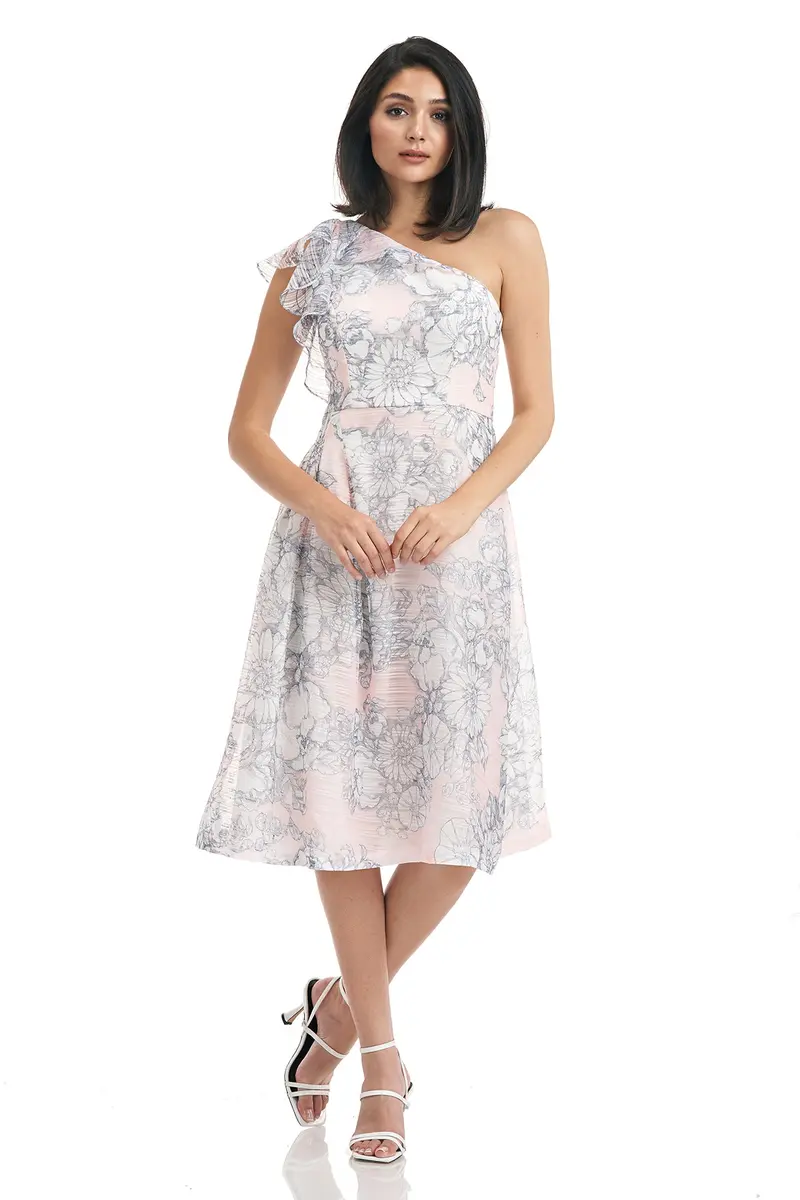 Joanna One-Shoulder Floral Organza Midi Dress with Ruffle Sleeve