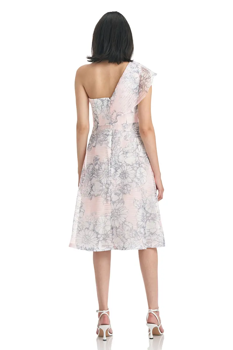 Joanna One-Shoulder Floral Organza Midi Dress with Ruffle Sleeve