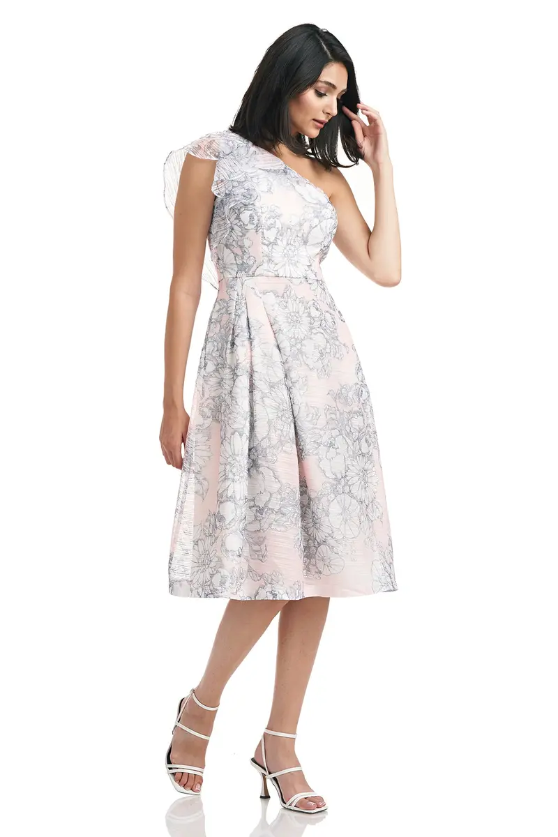 Joanna One-Shoulder Floral Organza Midi Dress with Ruffle Sleeve