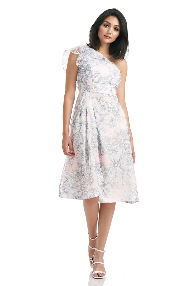 Joanna One-Shoulder Floral Organza Midi Dress with Ruffle Sleeve