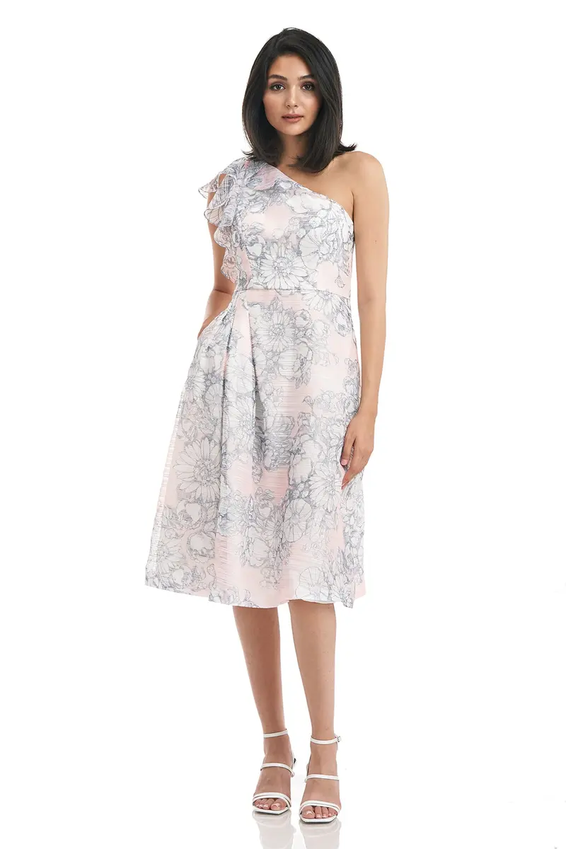 Joanna One-Shoulder Floral Organza Midi Dress with Ruffle Sleeve
