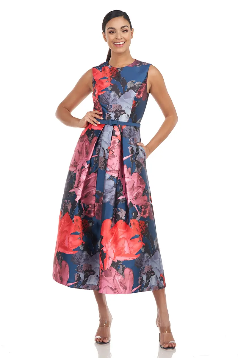 Karla Digital Floral Mikado Tea-Length Dress