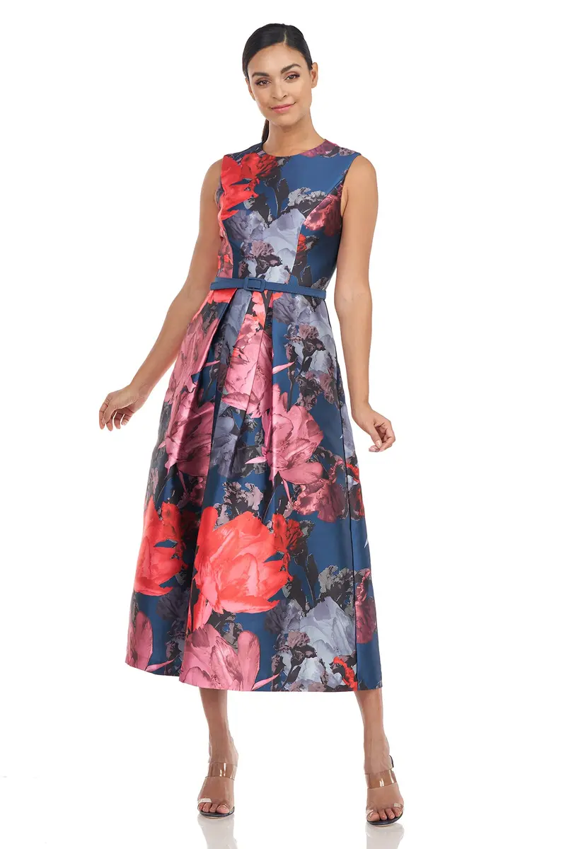 Karla Digital Floral Mikado Tea-Length Dress