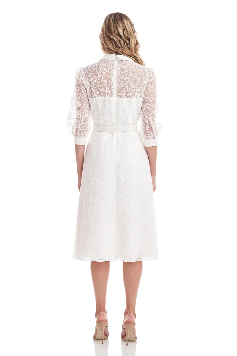 Khloe Floral Embroidered Midi Dress with Illusion Puff Sleeves