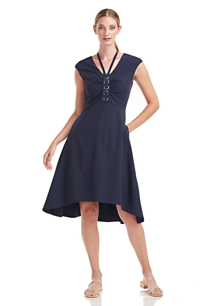 Kristen Tie-Neck Shirred Poplin Dress