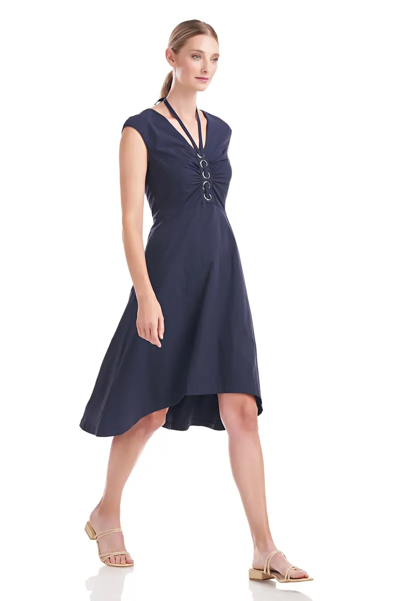 Kristen Tie-Neck Shirred Poplin Dress