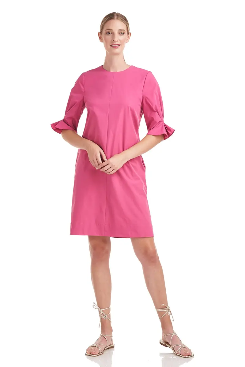 Linda Puff-Sleeve Jewel-Neck Shift Dress