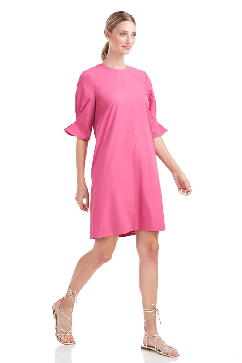 Linda Puff-Sleeve Jewel-Neck Shift Dress