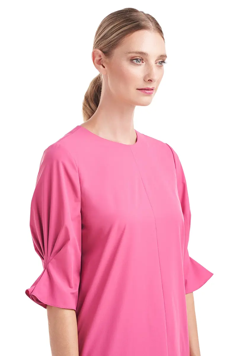 Linda Puff-Sleeve Jewel-Neck Shift Dress