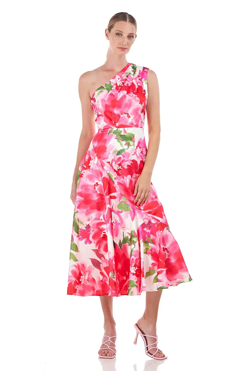 Linnea Asymmetrical One-Shoulder Tea-Length Dress in Watercolor Charmeuse