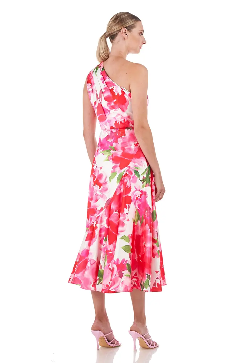 Linnea Asymmetrical One-Shoulder Tea-Length Dress in Watercolor Charmeuse 2