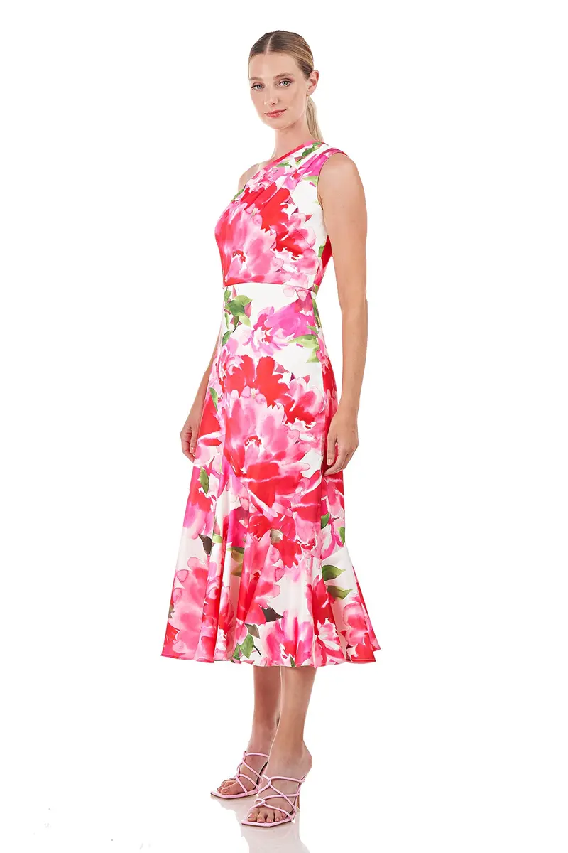 Linnea Asymmetrical One-Shoulder Tea-Length Dress in Watercolor Charmeuse