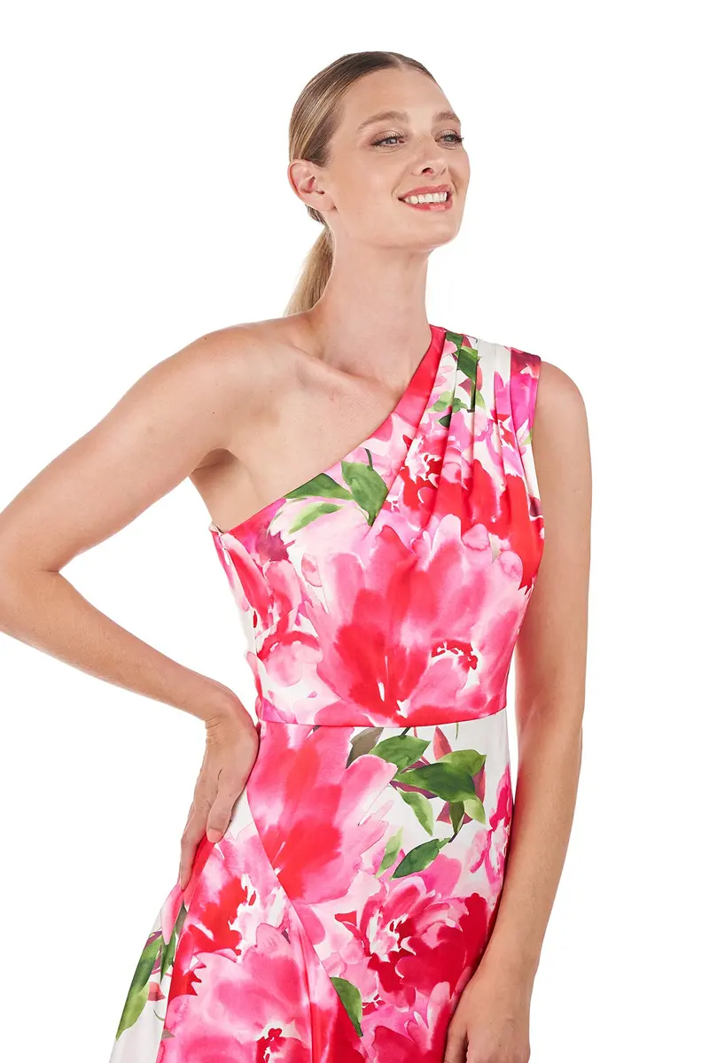 Linnea Asymmetrical One-Shoulder Tea-Length Dress in Watercolor Charmeuse