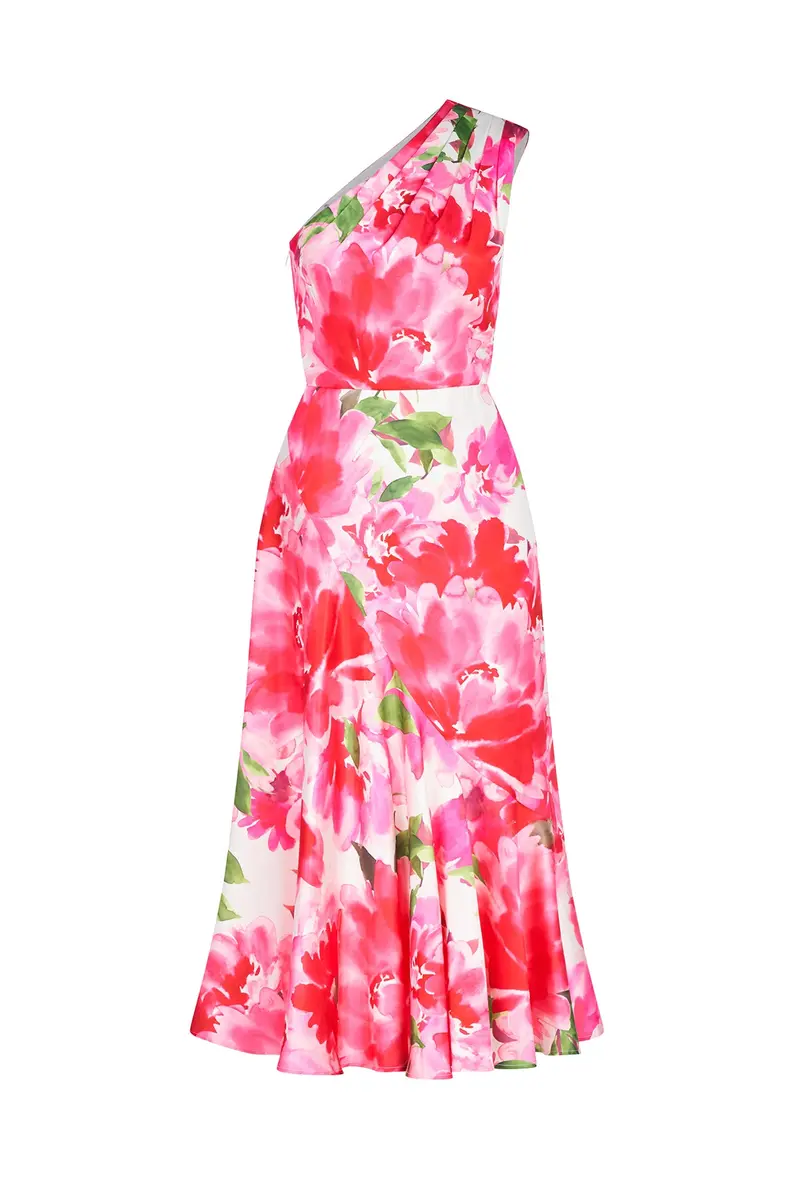 Linnea Asymmetrical One-Shoulder Tea-Length Dress in Watercolor Charmeuse