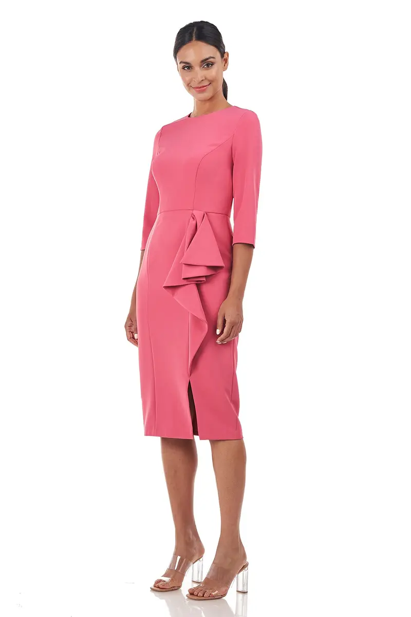 Loretta Elbow-Sleeve Midi Dress in Stretch Crepe