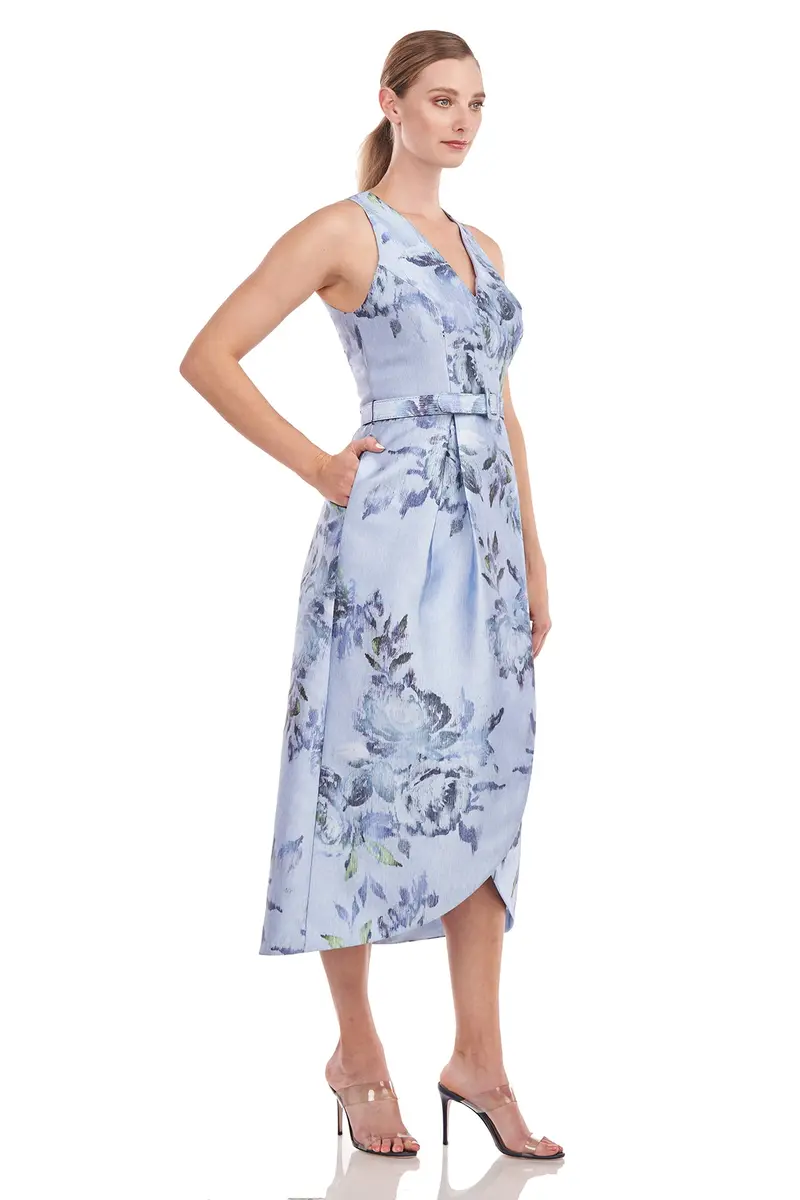 Luz Striated Rose Print High-Low Midi Dress