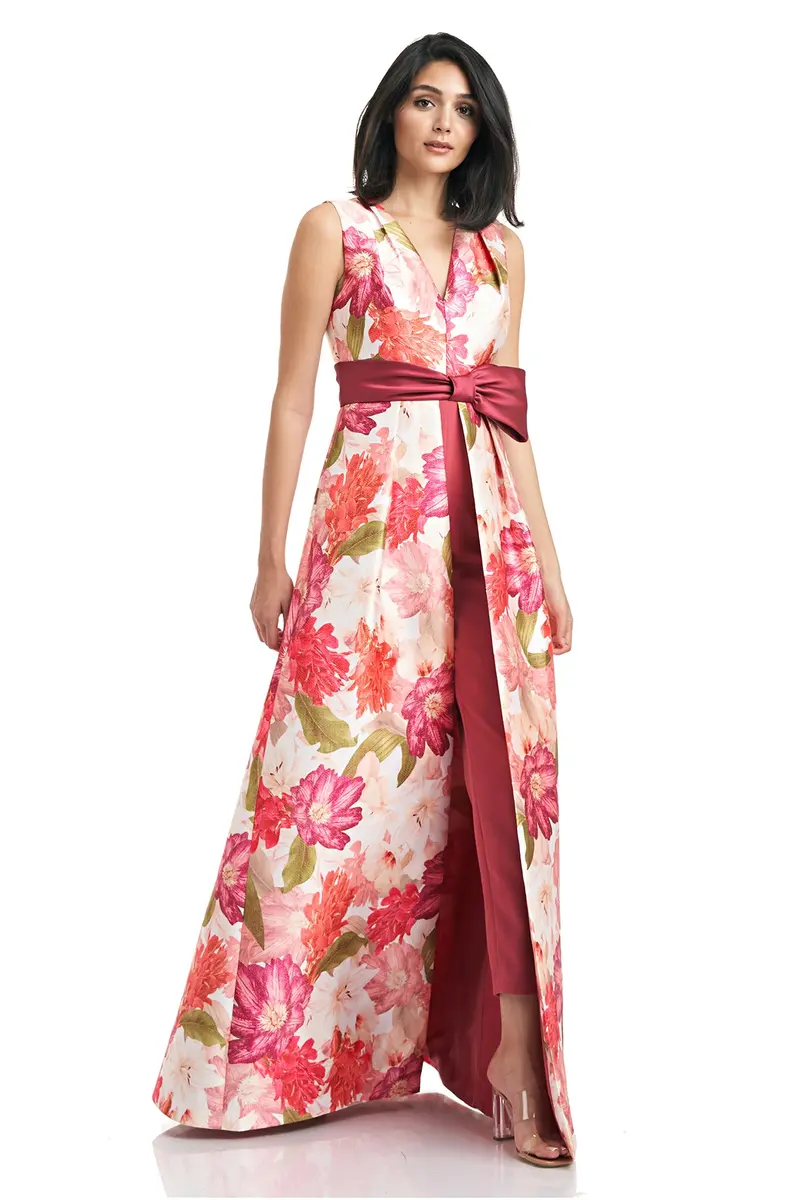 Melanie Floral Mikado V-Neck Jumpsuit with Waist Bow