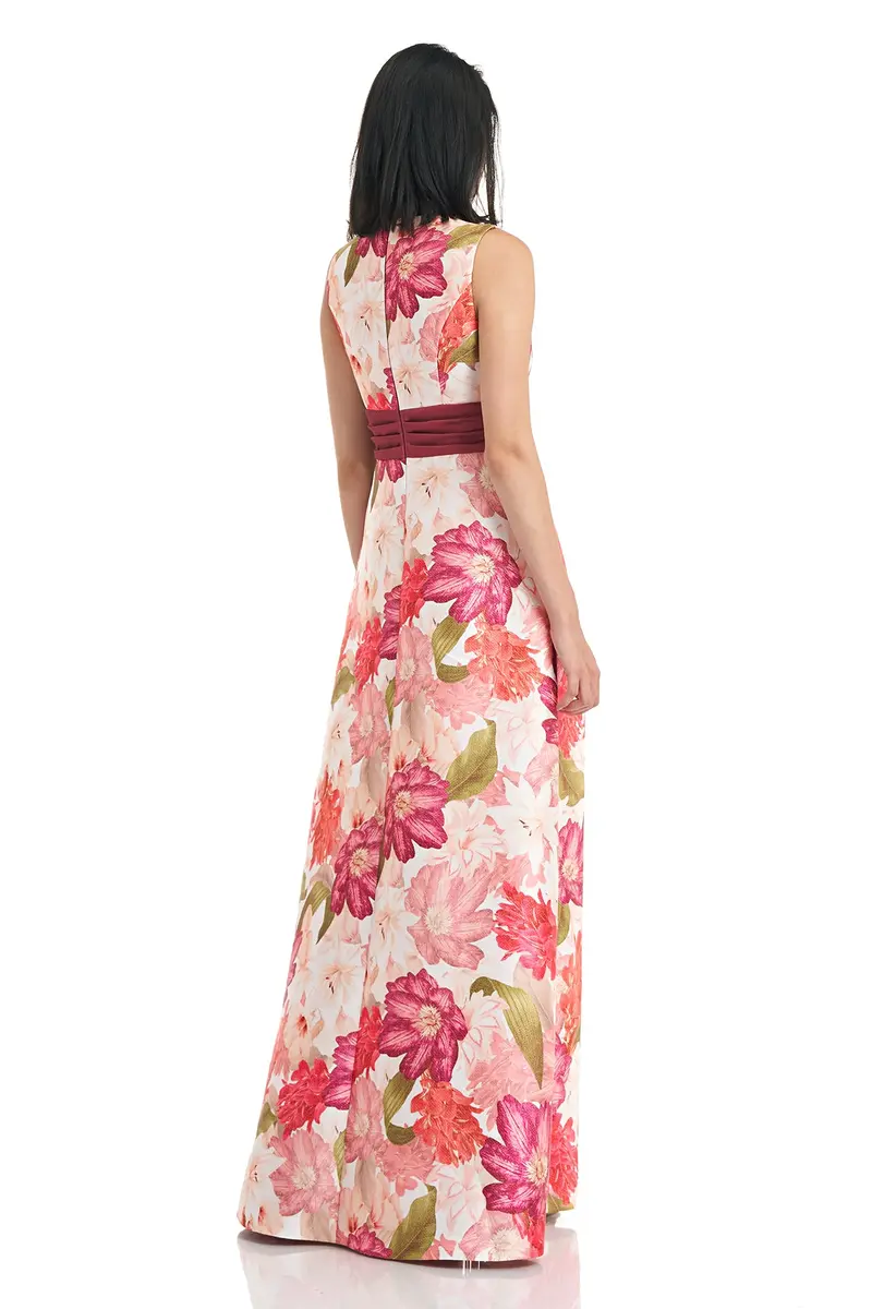 Melanie Floral Mikado V-Neck Jumpsuit with Waist Bow