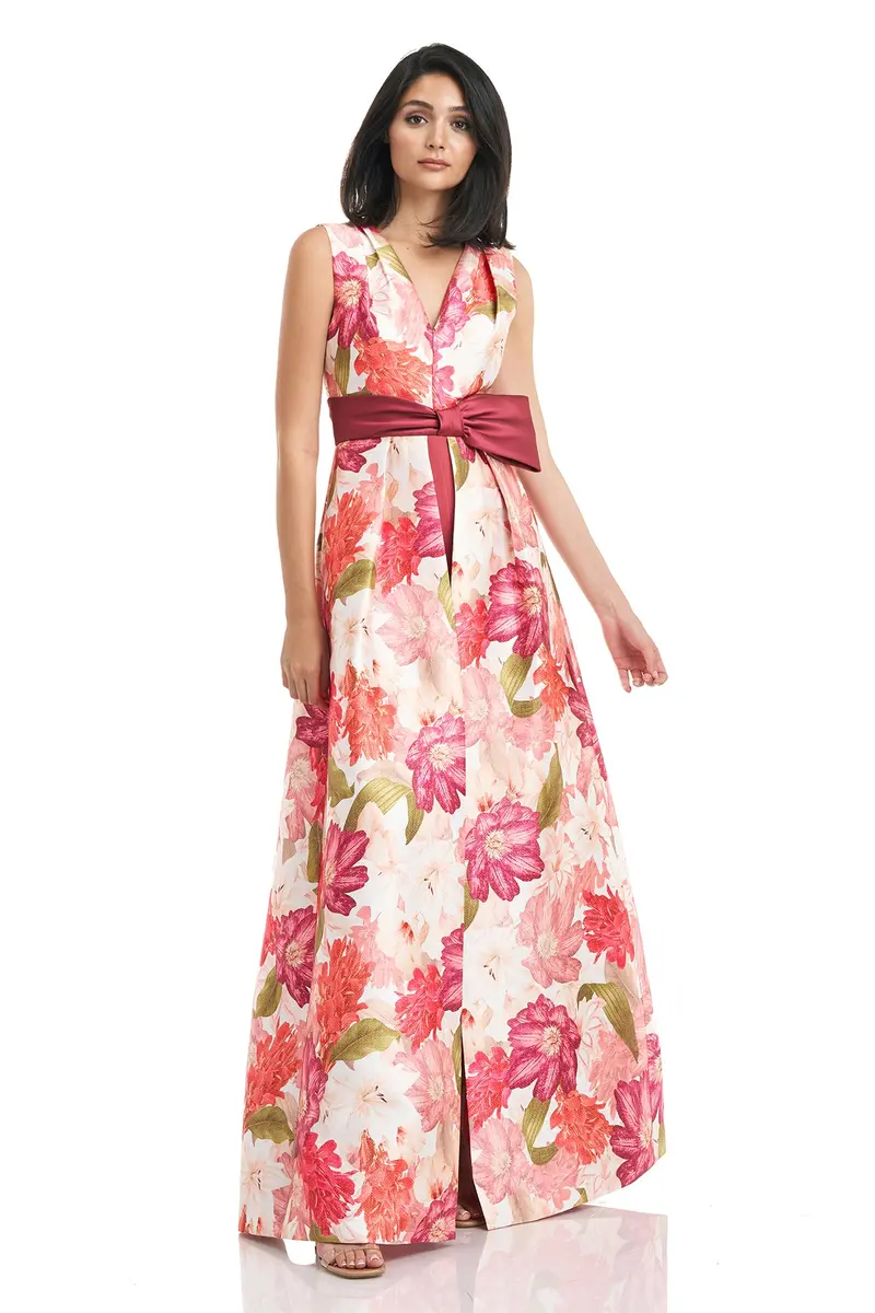 Melanie Floral Mikado V-Neck Jumpsuit with Waist Bow