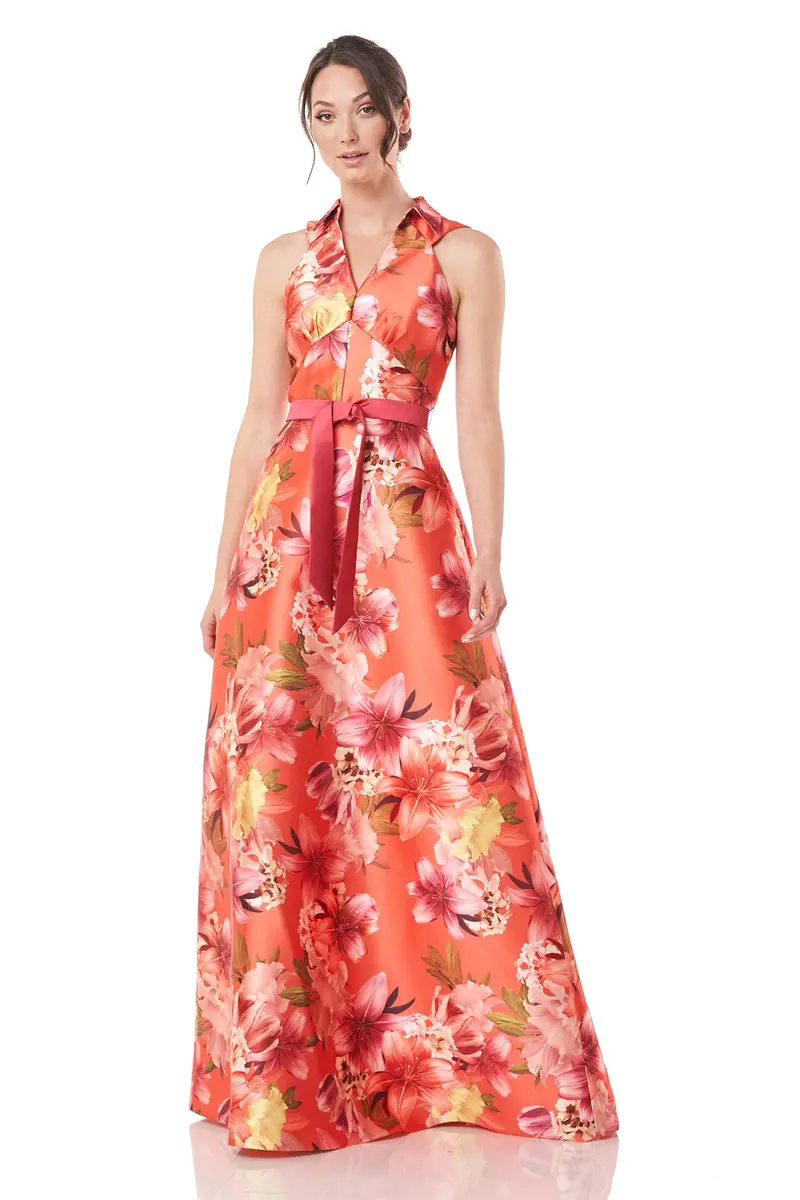 Melody Collar Flared Gown with Sash Accent