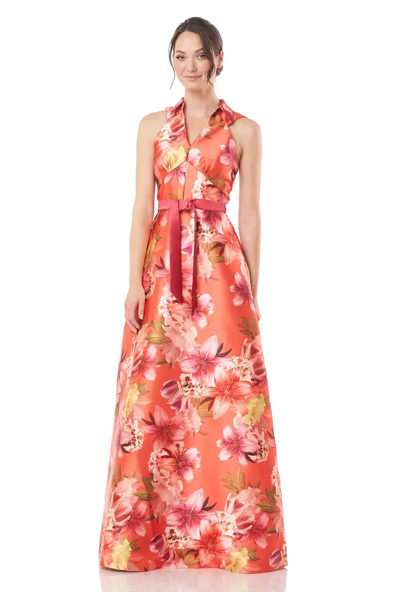 Melody Collar Flared Gown with Sash Accent