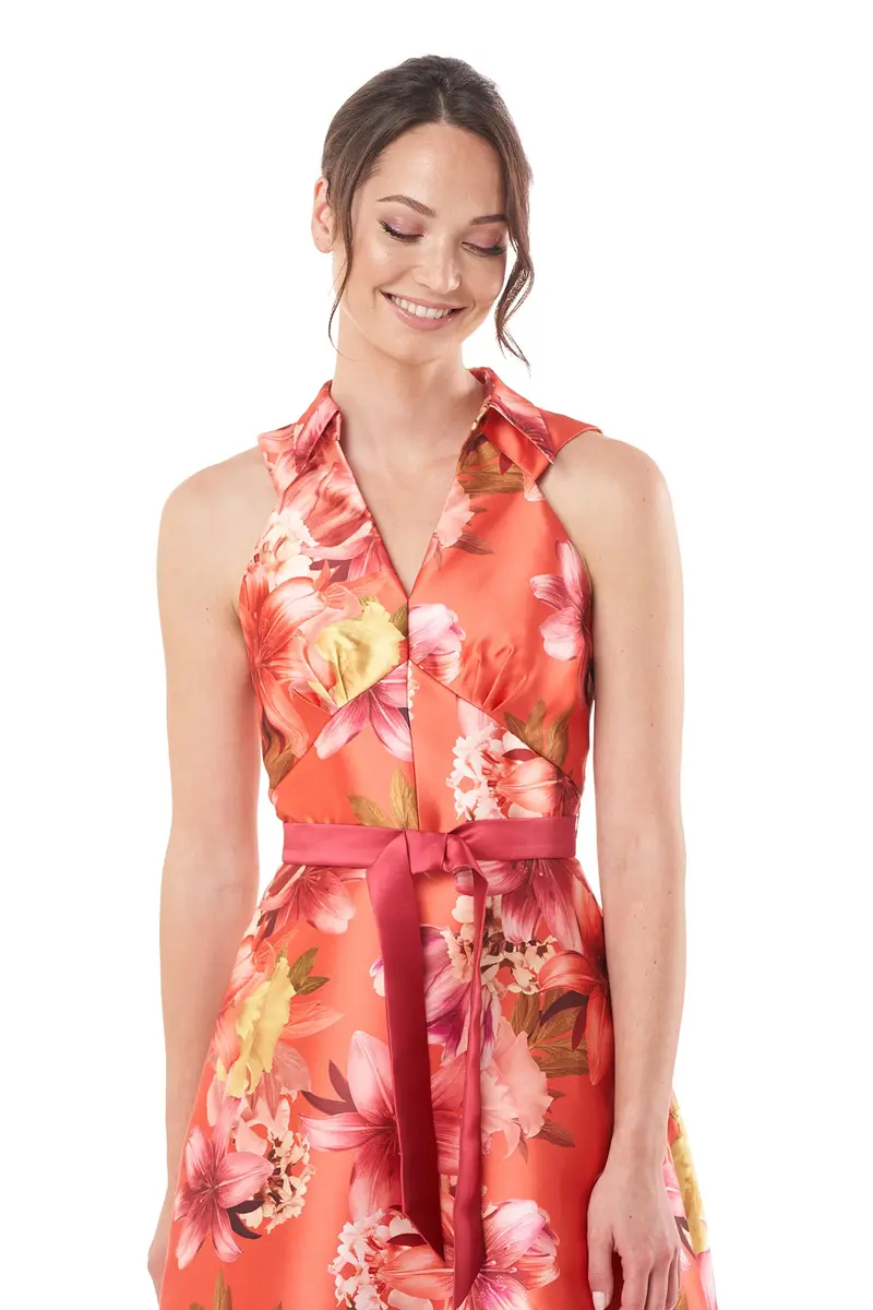 Melody Collar Flared Gown with Sash Accent