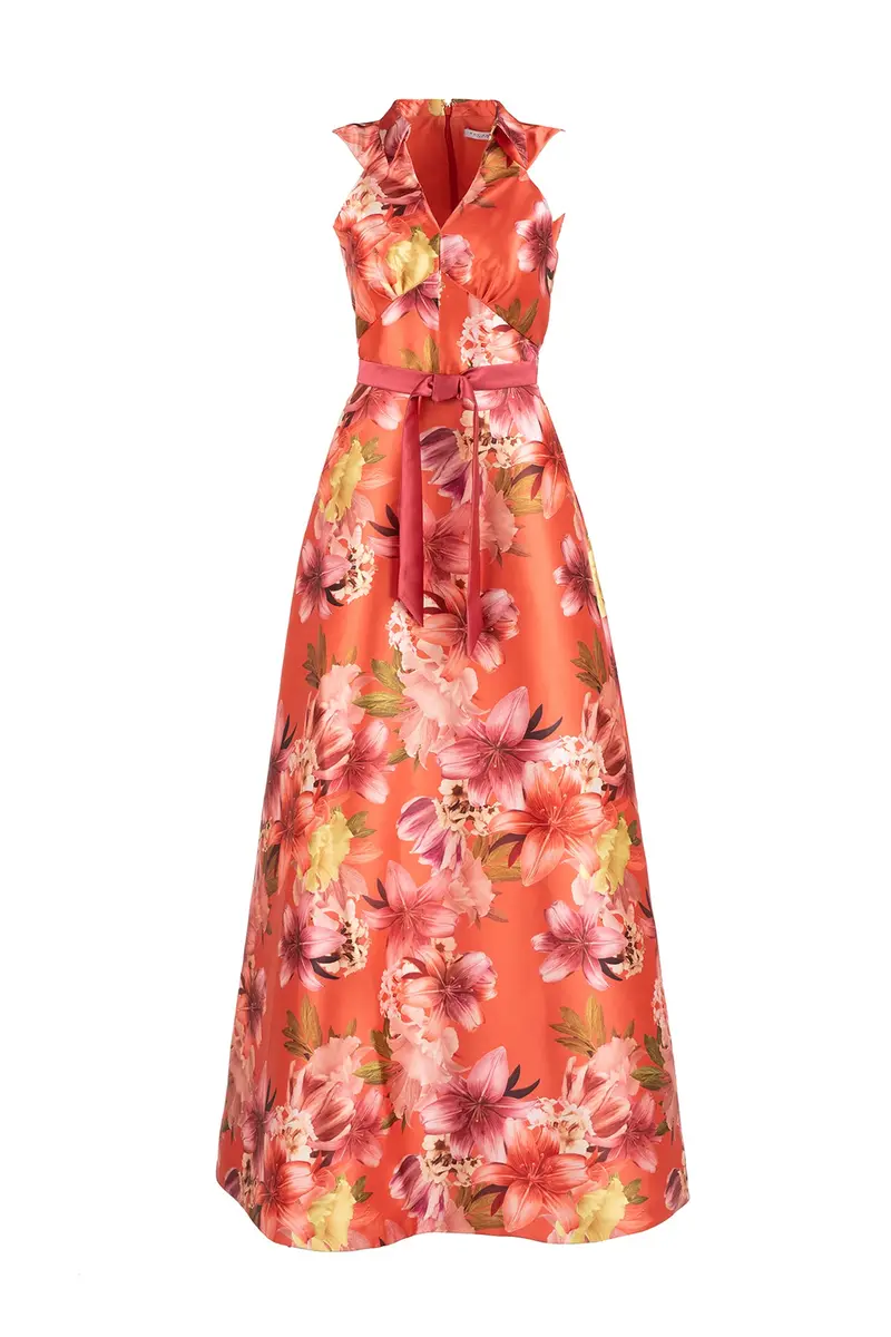 Melody Collar Flared Gown with Sash Accent
