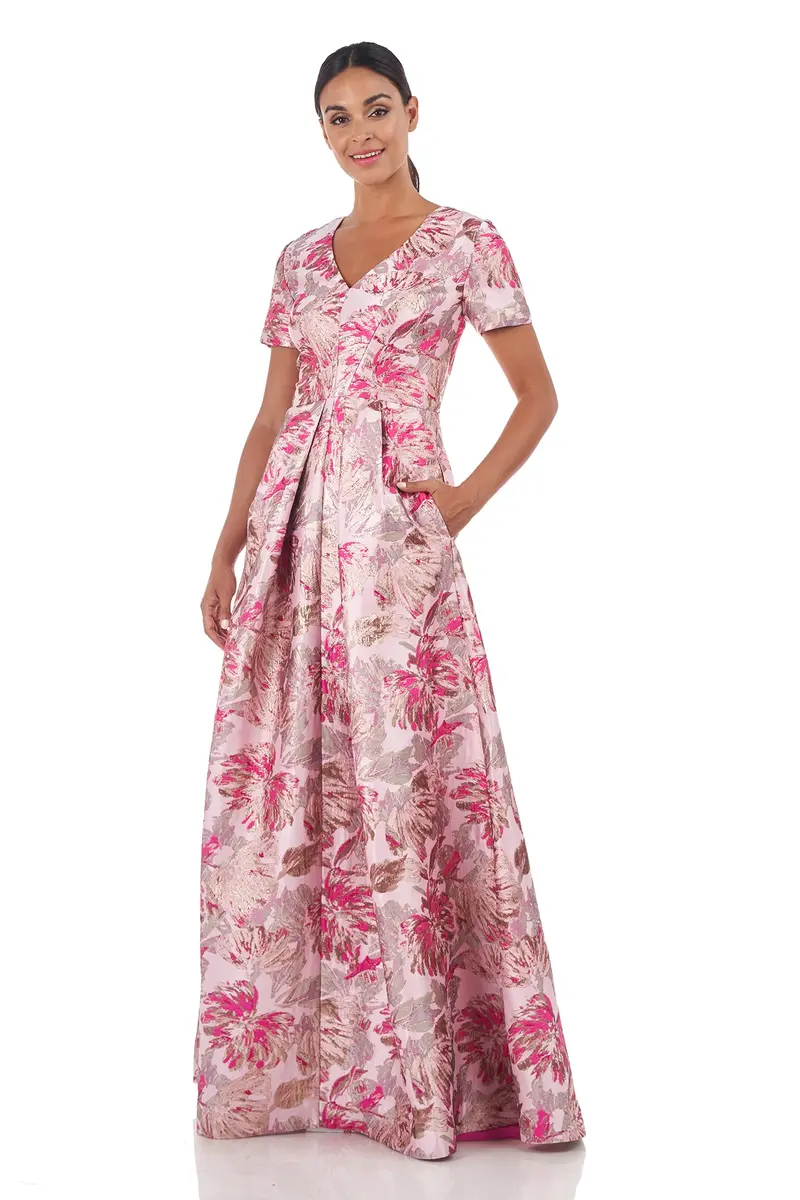 Metallic Floral Jacquard V-Neck Evening Gown