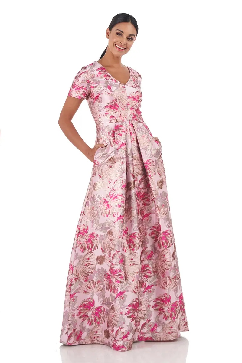 Metallic Floral Jacquard V-Neck Evening Gown