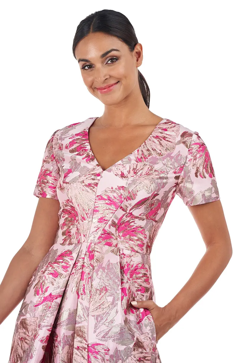 Metallic Floral Jacquard V-Neck Evening Gown