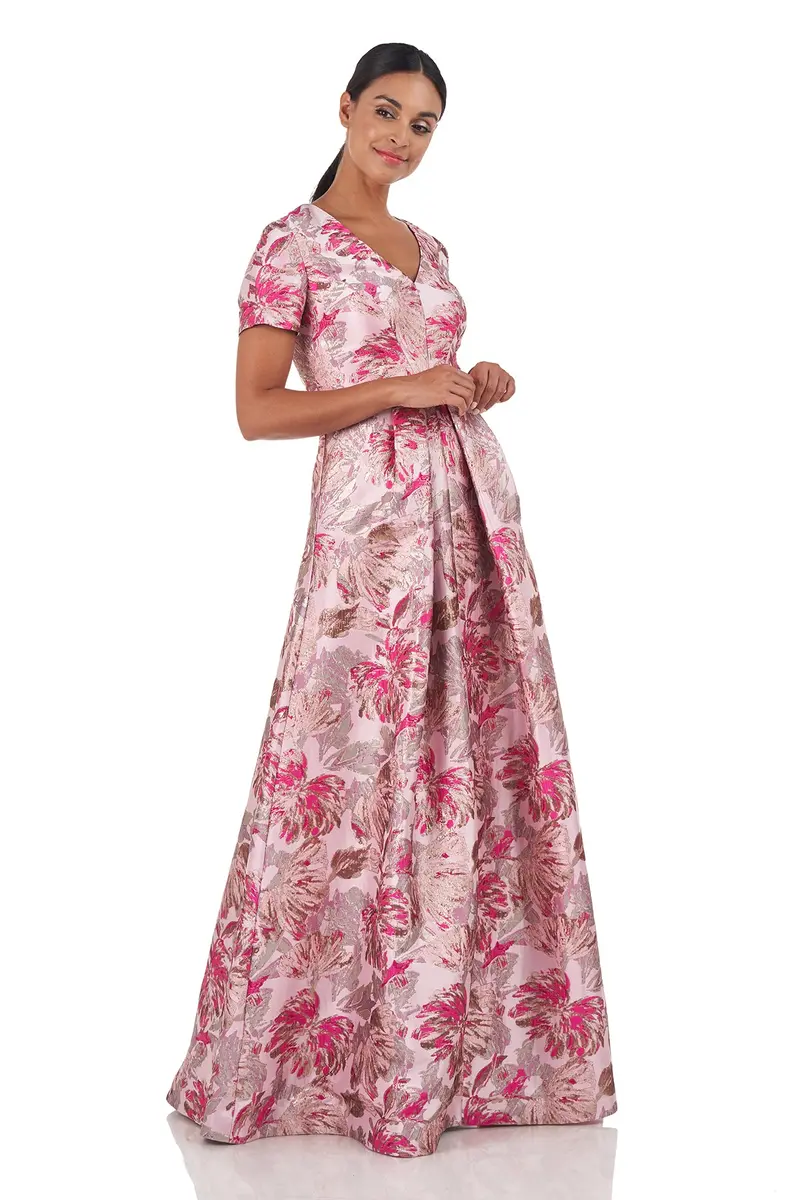 Metallic Floral Jacquard V-Neck Evening Gown