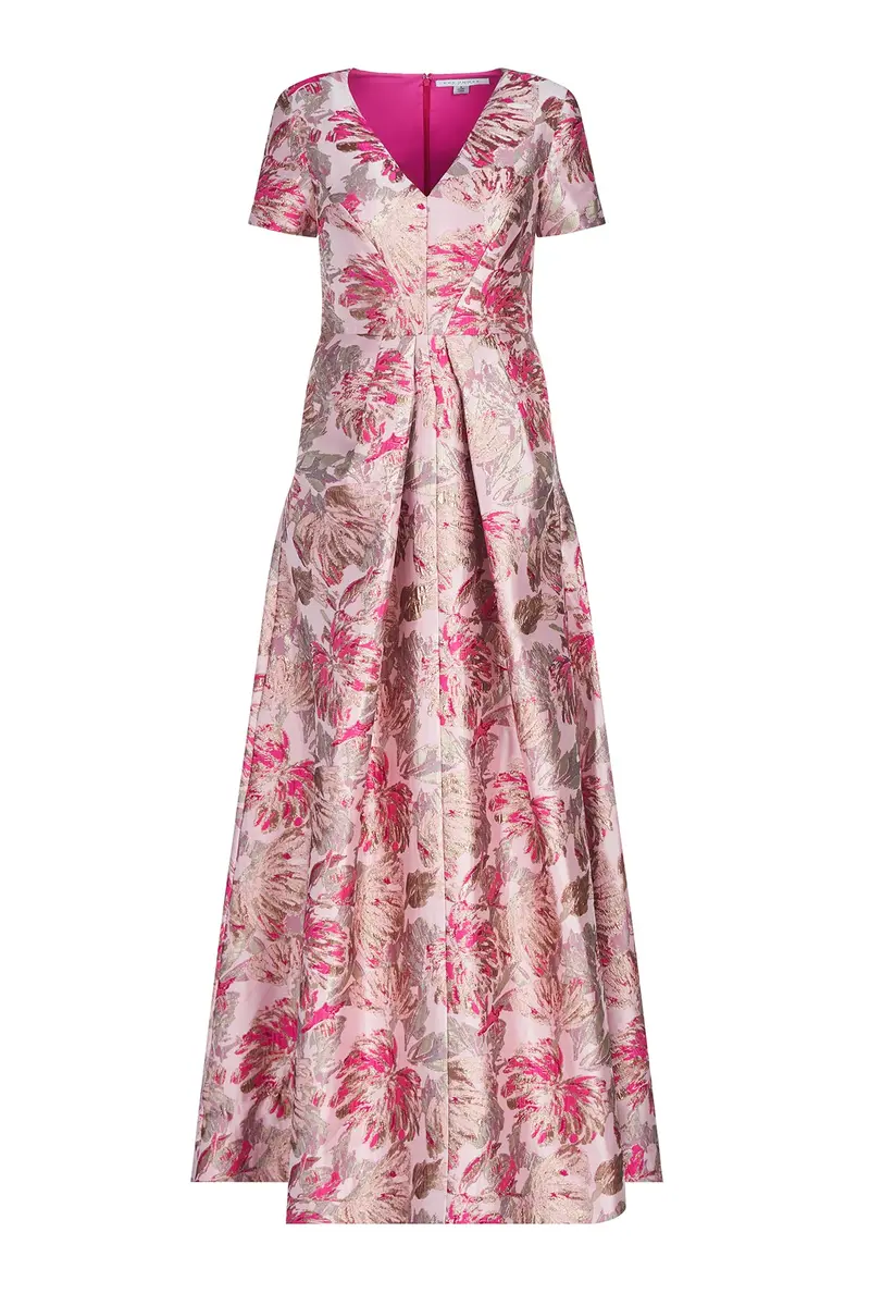 Metallic Floral Jacquard V-Neck Evening Gown