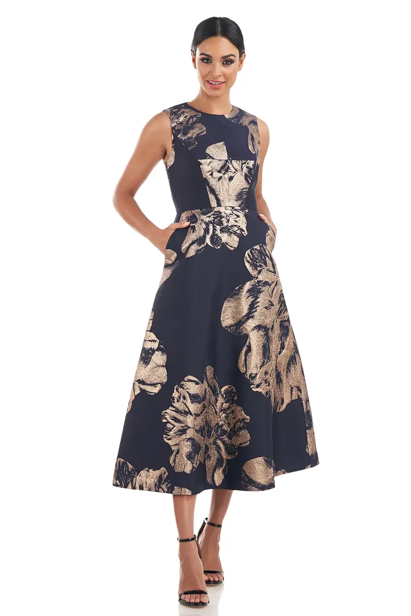 Molly Tea-Length Floral Jacquard Dress with Jewel Neck