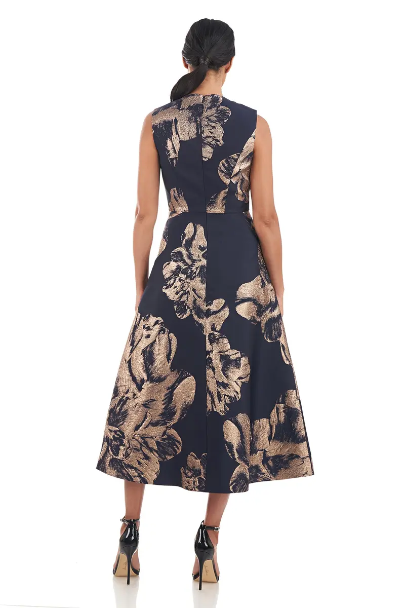 Molly Tea-Length Floral Jacquard Dress with Jewel Neck