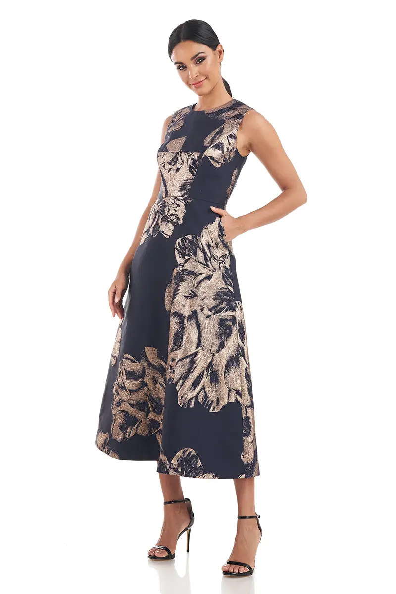 Molly Tea-Length Floral Jacquard Dress with Jewel Neck