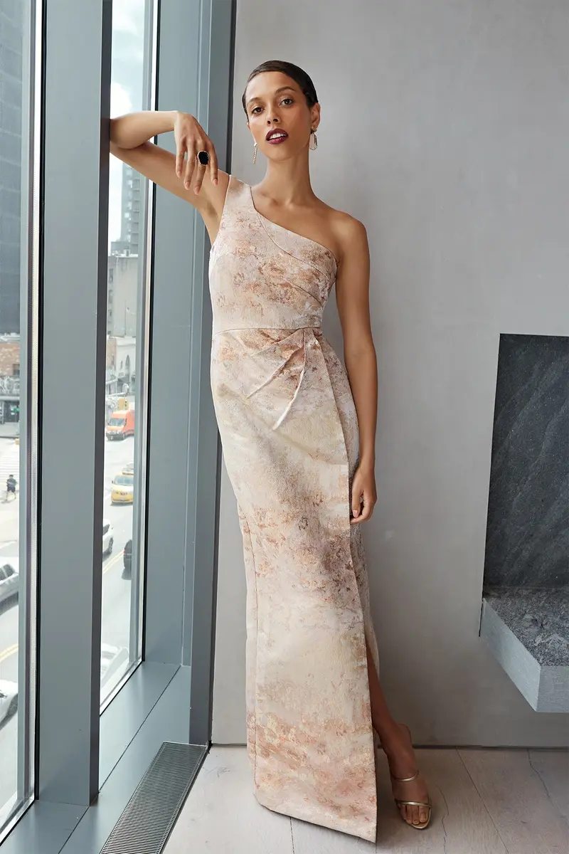Monet-Inspired One-Shoulder Jacquard Column Dress