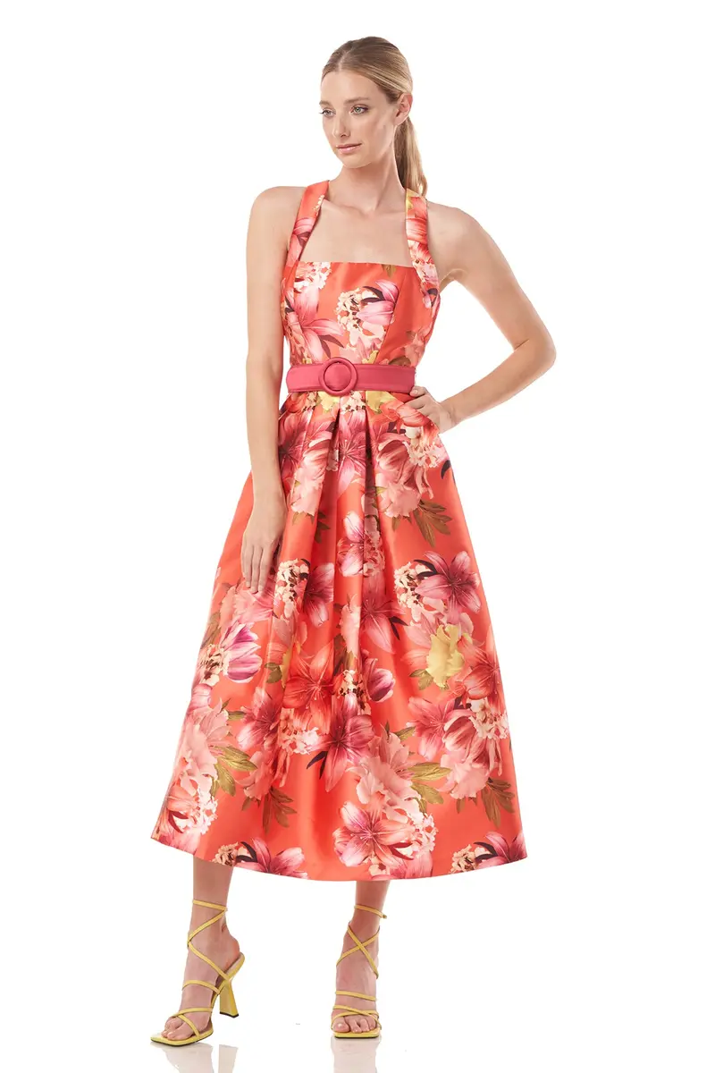 Morgana Square-Neck Tea-Length Dress with Detachable Belt