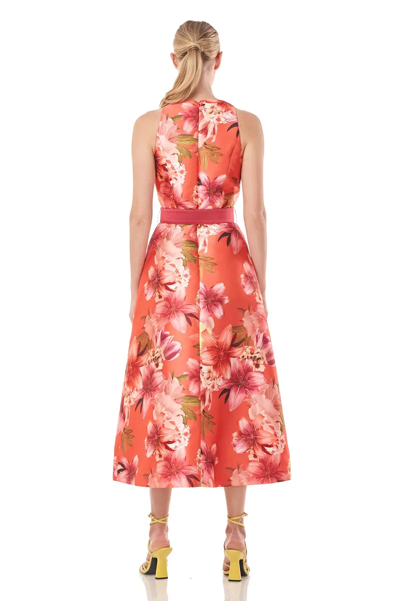 Morgana Square-Neck Tea-Length Dress with Detachable Belt