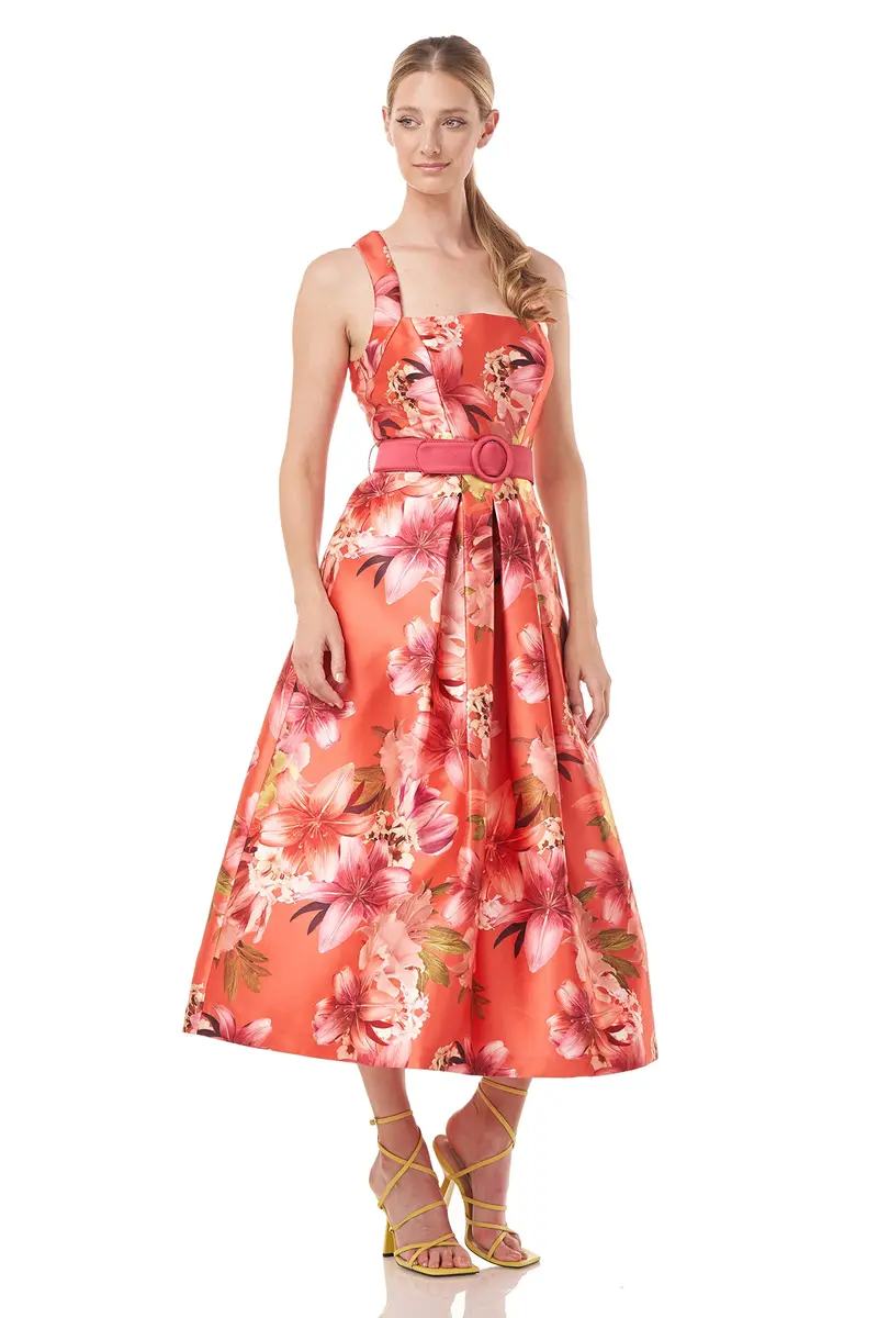 Morgana Square-Neck Tea-Length Dress with Detachable Belt