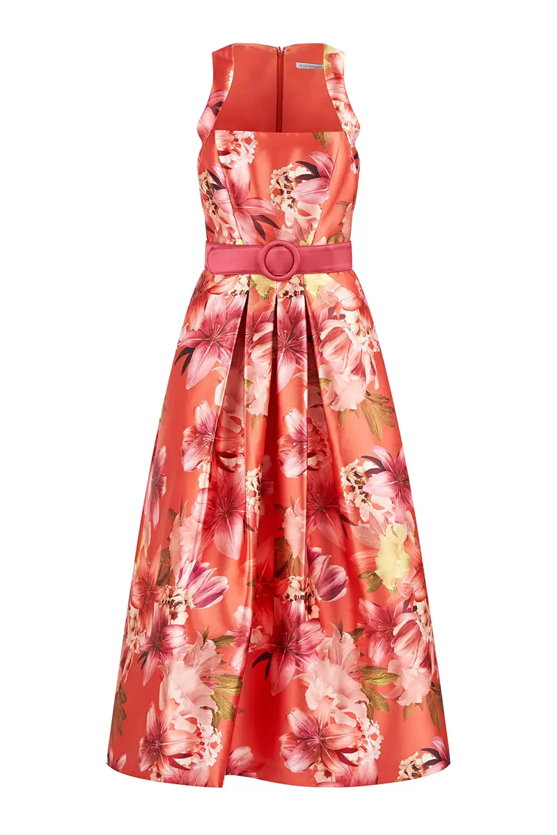 Morgana Square-Neck Tea-Length Dress with Detachable Belt